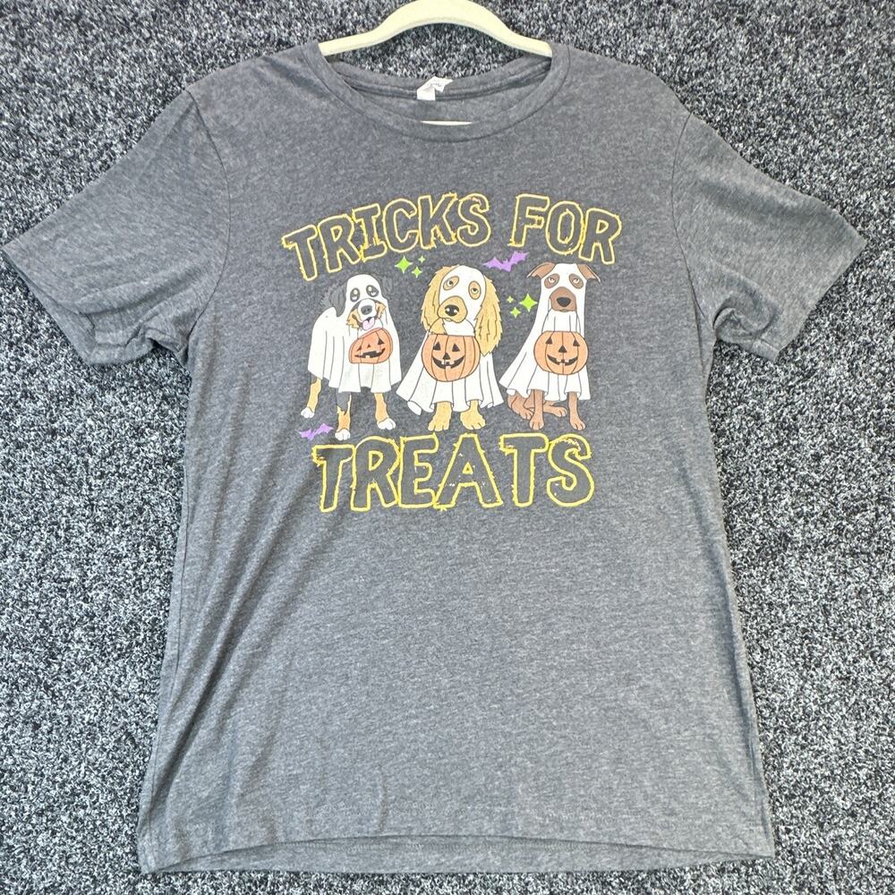 Tricks For Treats Halloween Dog T Shirt Adult L Gray Pumpkin Ghost Graphic Tee